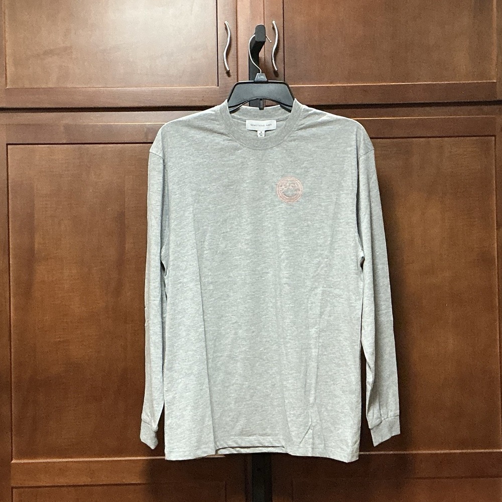 Something Navy Long Sleeve Logo Tee M Heather Gray Embroidered NWT $75